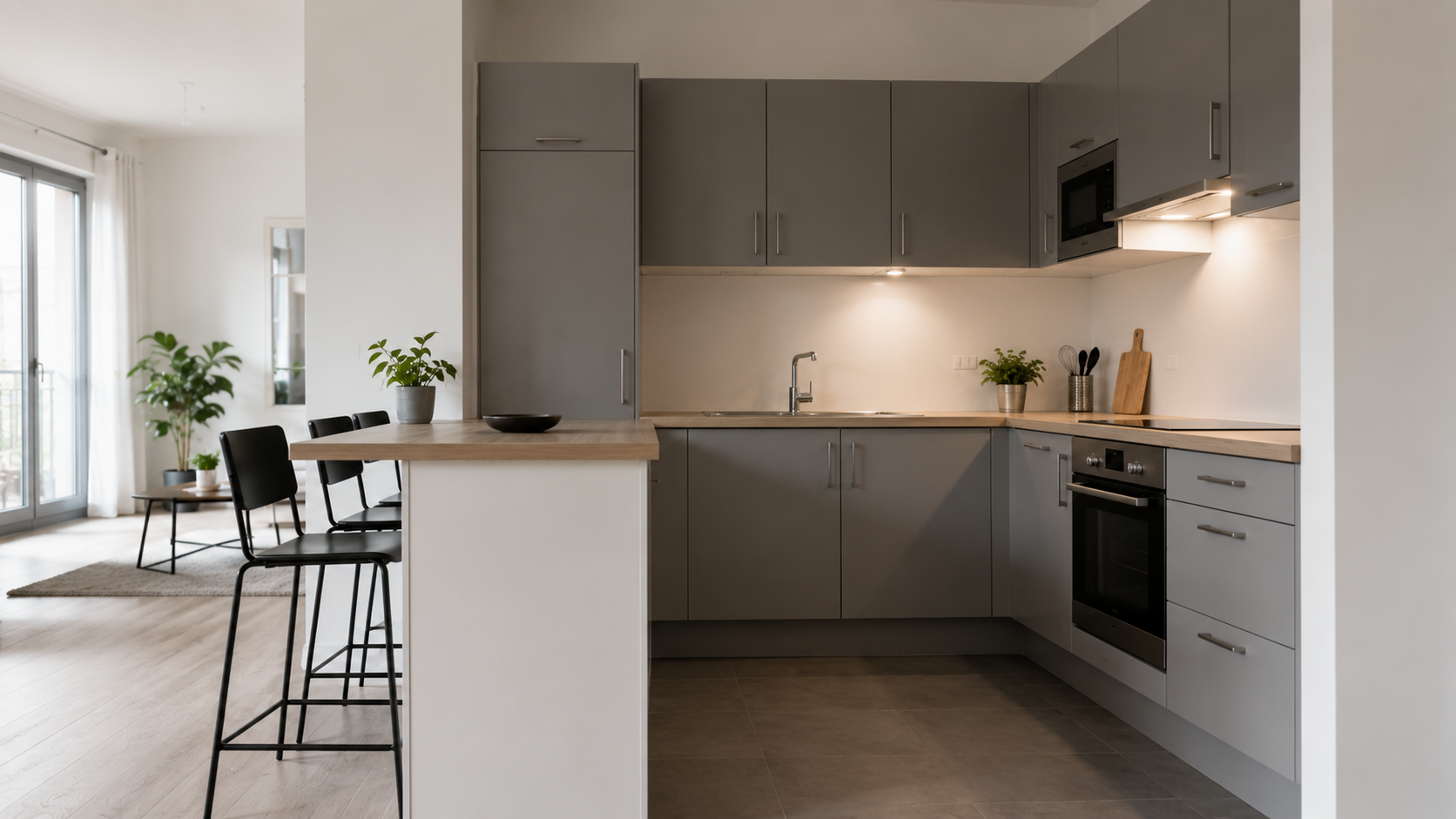 Cuisine moderne et epuree dans un appartement mis en location