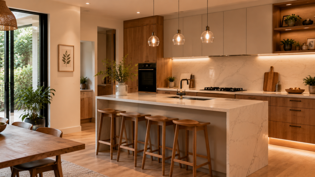 Cuisine Tyko typique en milieu de gamme sur-mesure, avec ilot central et plan de travail en quartz