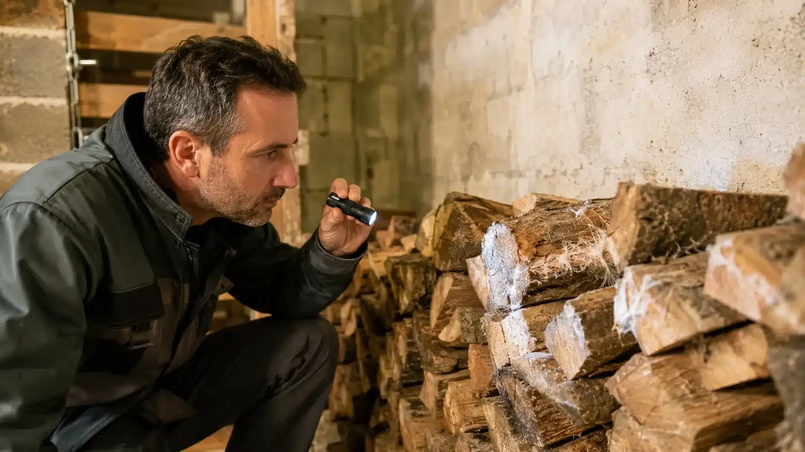 Diagnostiqueur examinant du bois de chauffage à la recherche de mérule dans une cave