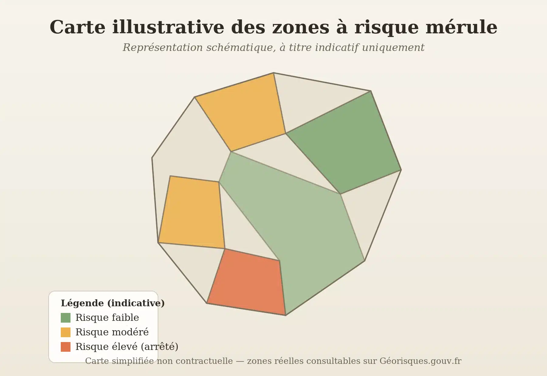 Carte illustrative des zones à risque de mérule en France (à titre indicatif, se référer à Géorisques)
